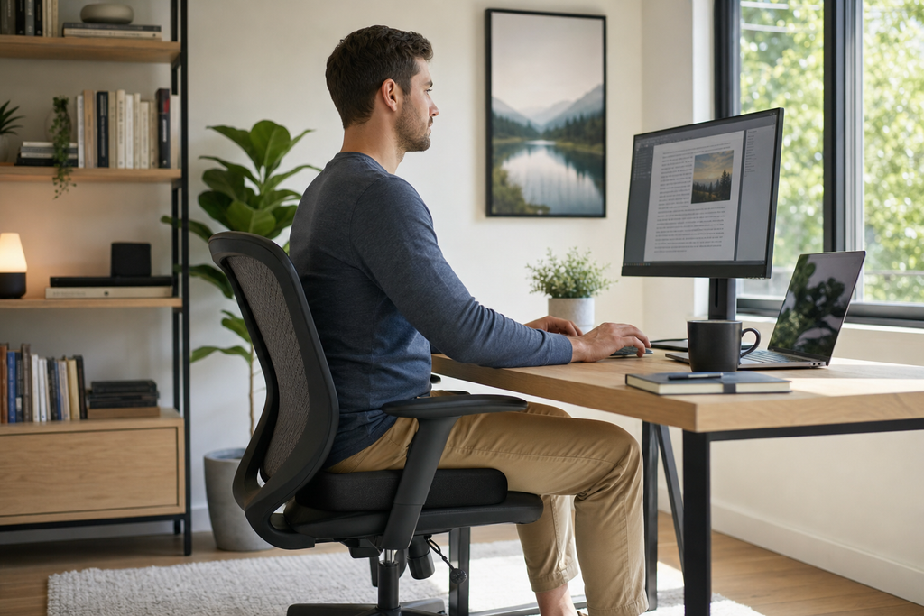 Office worker seated on memory foam coccyx cushion at desk with good posture