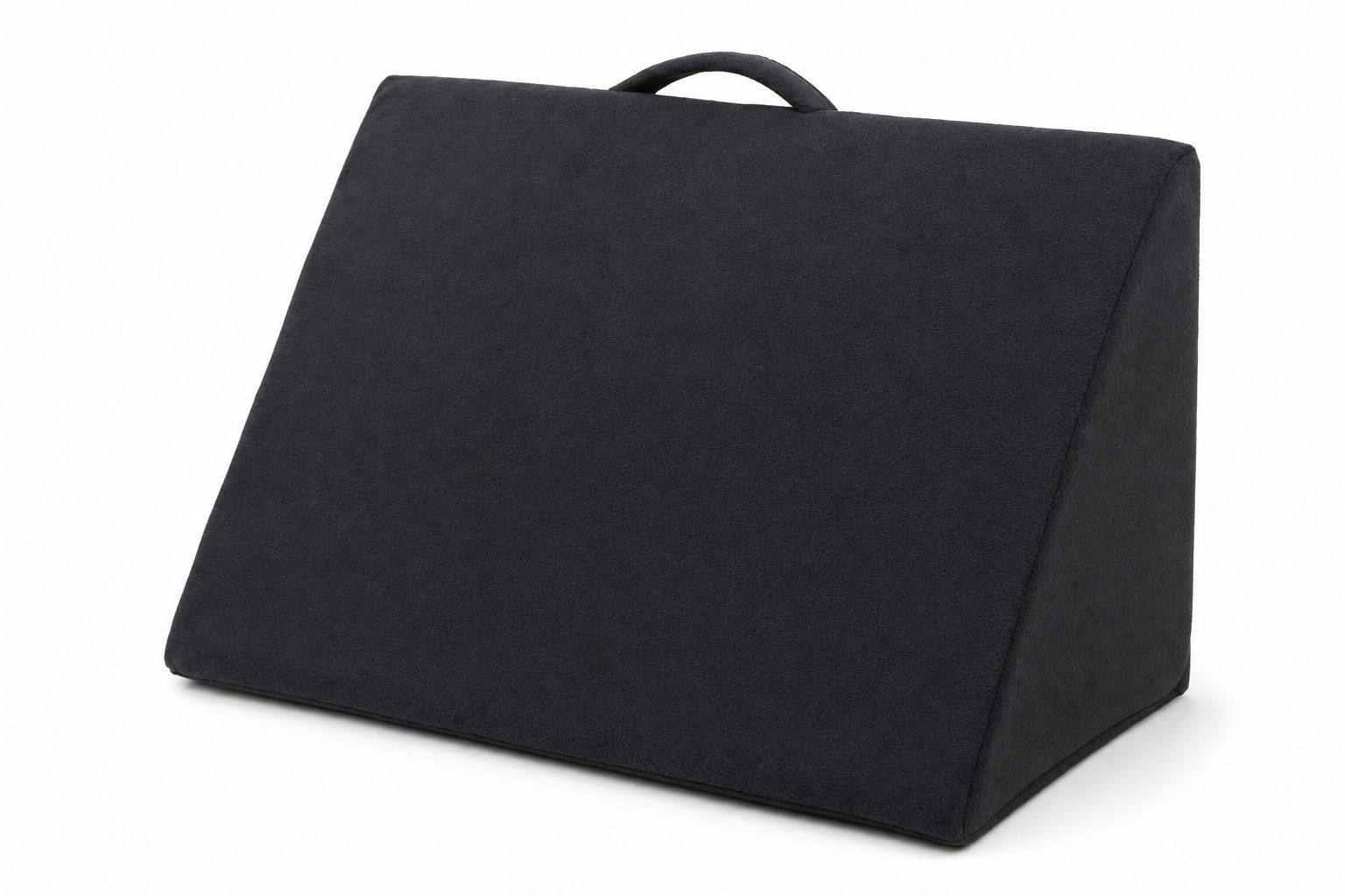 Gray triangular wedge cushion with bamboo cover and adjustable strap on white background