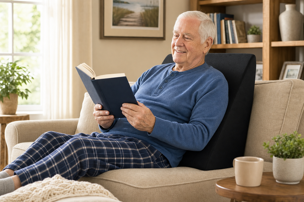 Driver seated on orthopedic wedge cushion in car showing improved posture