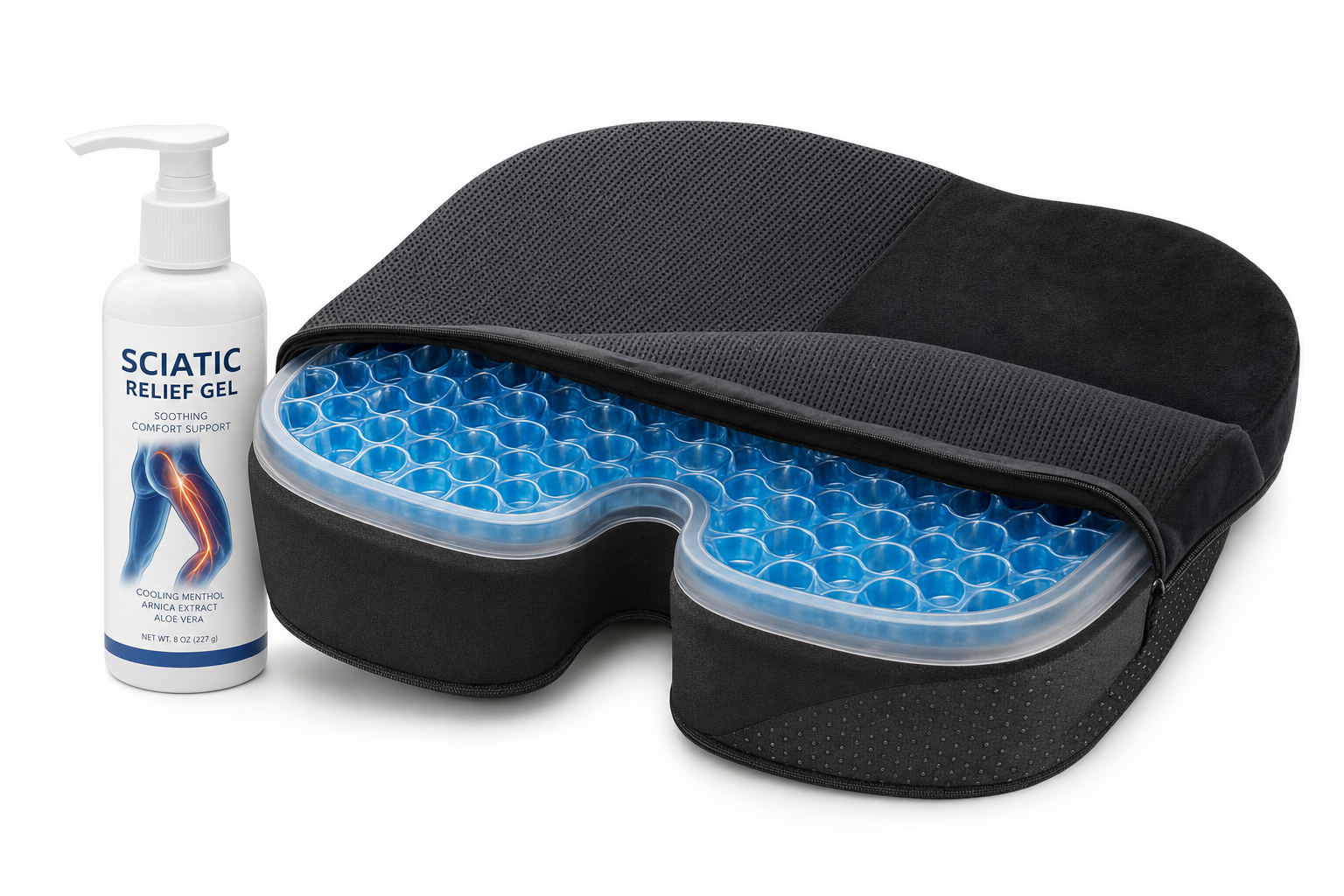 Black memory foam cushion topped with translucent blue honeycomb gel and coccyx cutout on white background