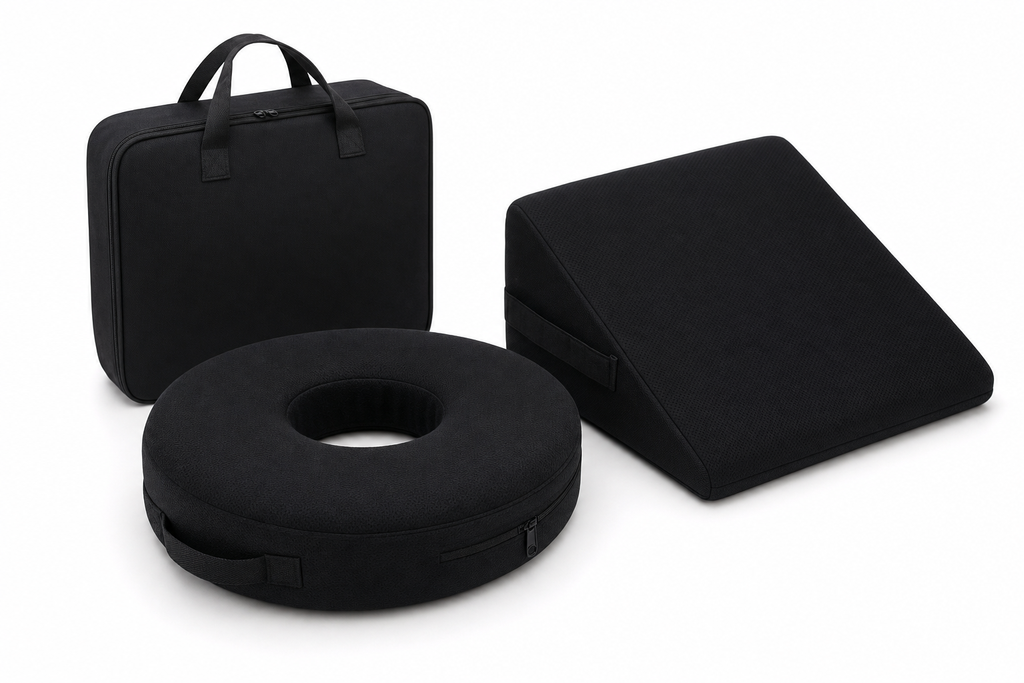 Donut cushion and lumbar wedge cushion combo set with carrying tote on white background