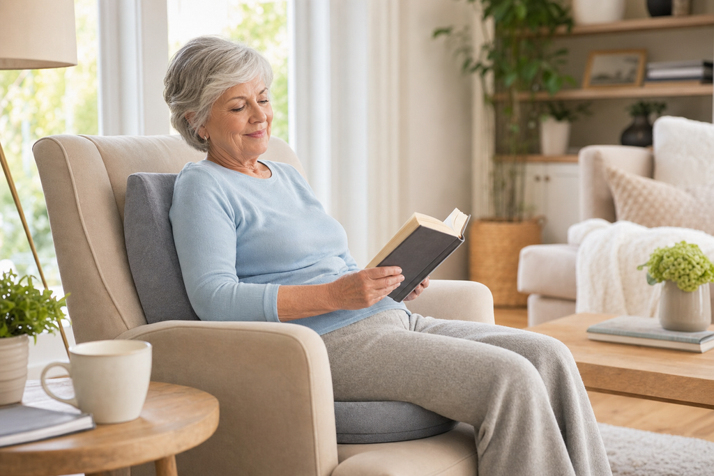 Caregiver presenting Osseus recovery seating kit to elderly woman seated on couch