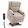 Beige chenille electric lift-assist power recliner with hand remote on white background