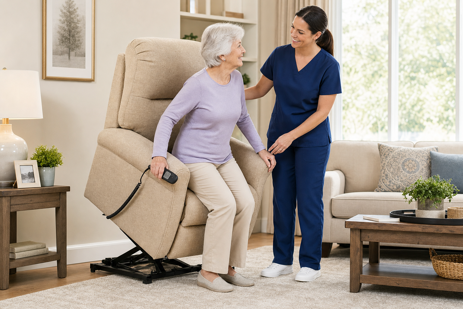 Elderly woman being helped to stand from lift recliner by caregiver in scrubs in living room