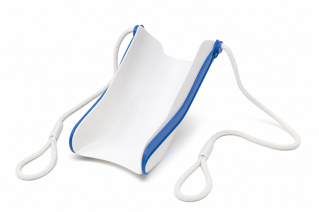 White curved plastic sock aid with two looped cord handles and blue trim on white background