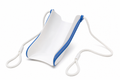 White curved plastic sock aid with two looped cord handles and blue trim on white background