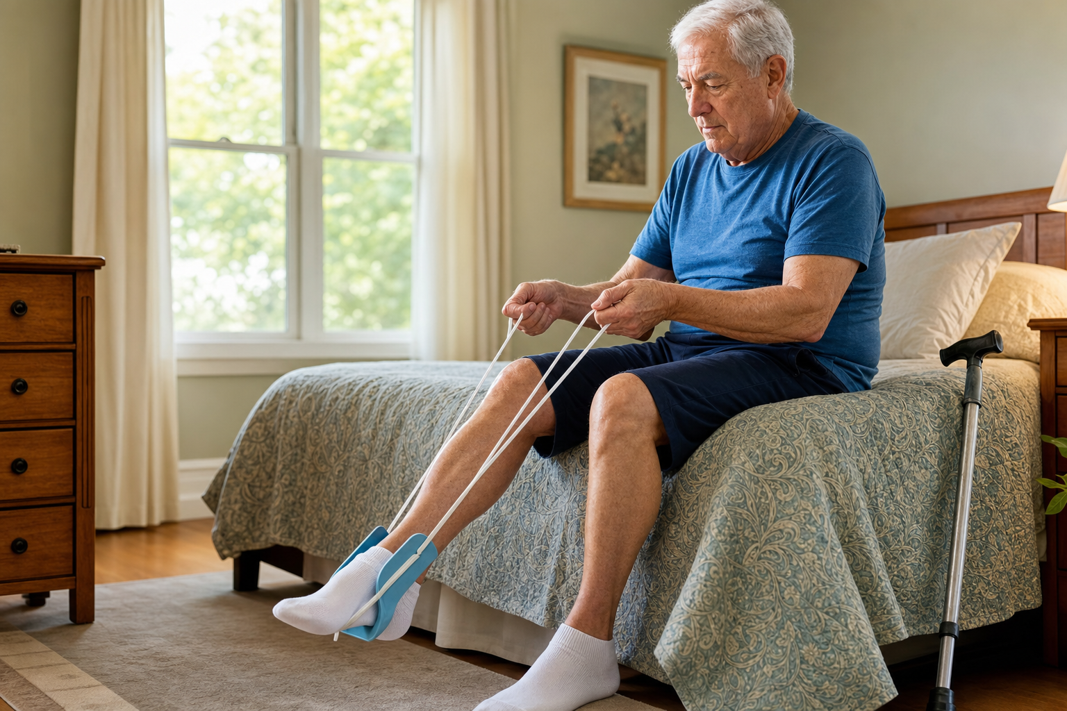 Senior man on edge of bed using sock aid to put on white sock without bending
