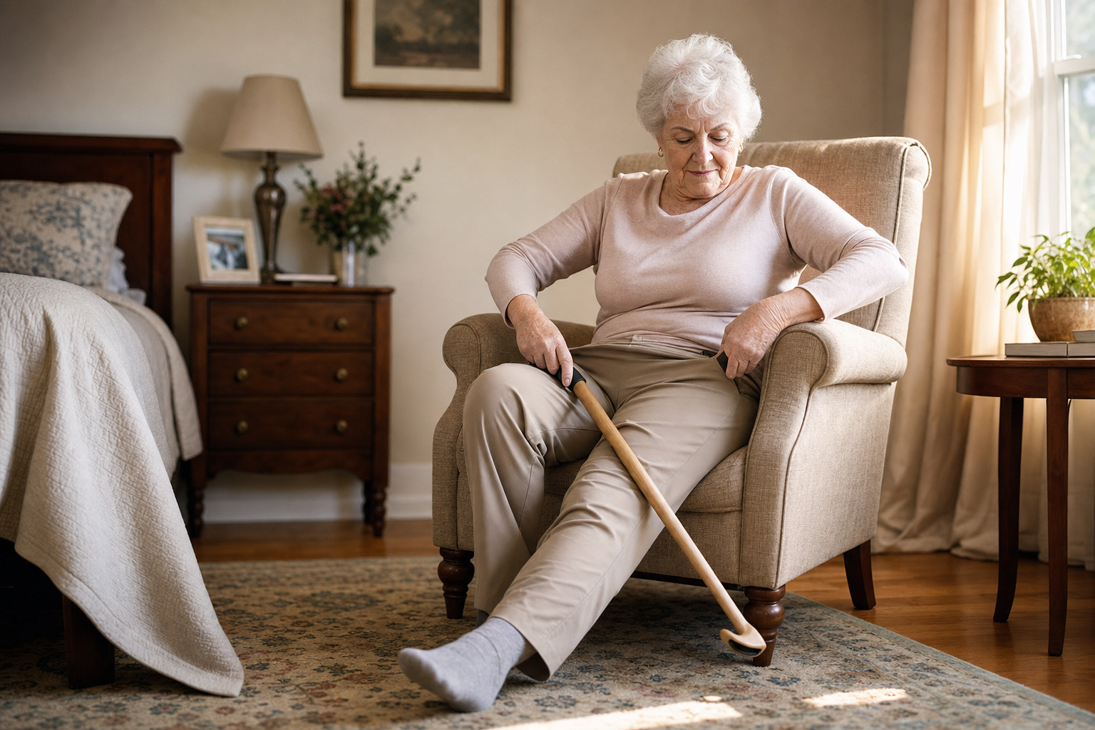 Senior woman in armchair using long dressing stick to pull up her pants after hip surgery