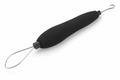 Combination button hook and zipper pull tool with black foam grip and metal wire loop on white background