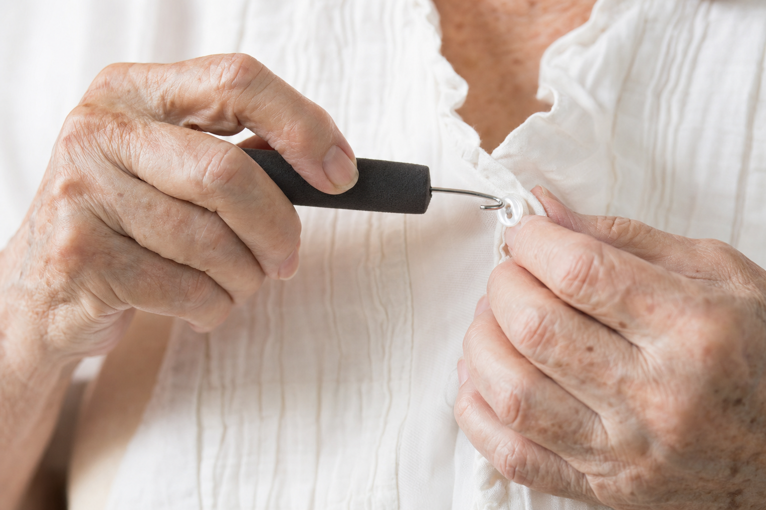 Close-up of arthritic senior hands fastening shirt button with foam-grip button hook tool