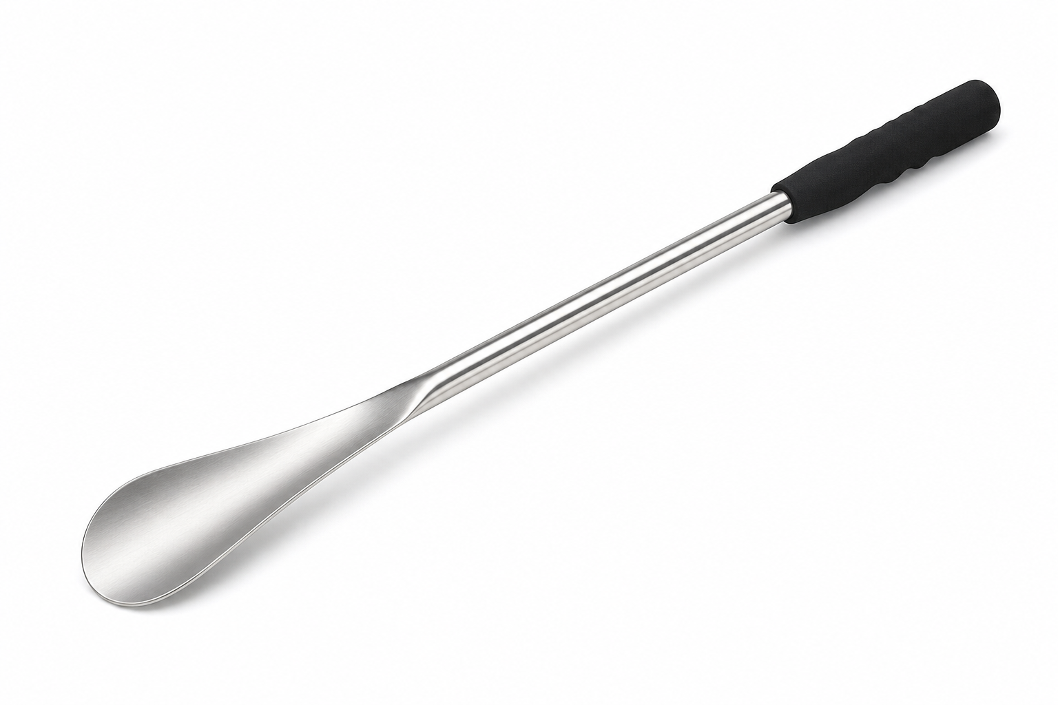 24-inch stainless steel long-handle shoehorn with black foam ergonomic grip on white background
