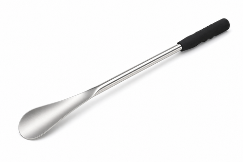 24-inch stainless steel long-handle shoehorn with black foam ergonomic grip on white background