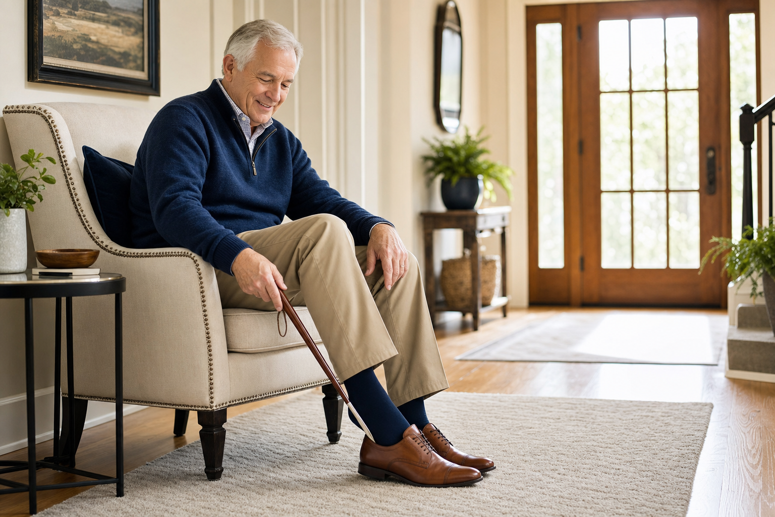 Senior man slipping foot into brown leather shoe with long shoehorn while seated in entryway