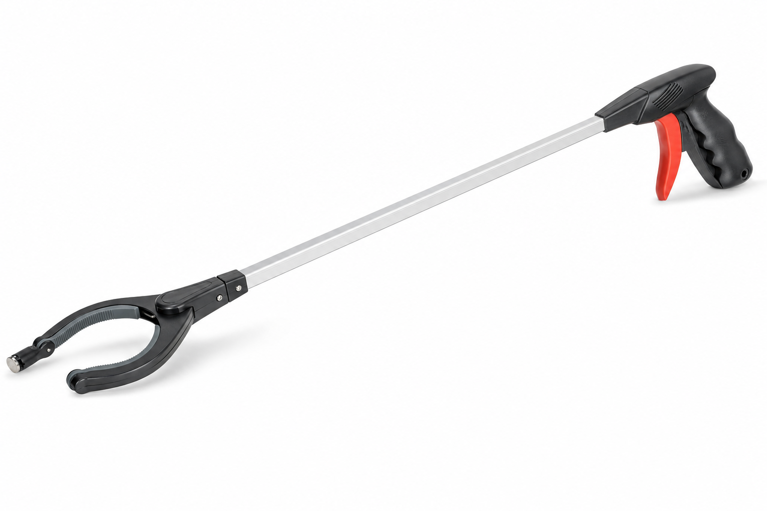 32-inch reacher grabber tool with pistol grip handle, red trigger, rotating jaws and magnetic tip on white background