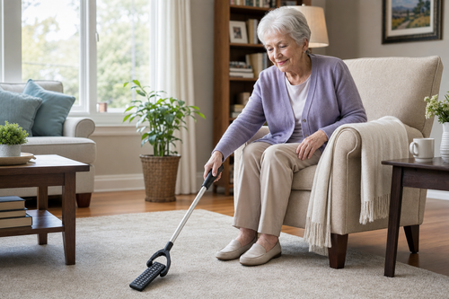 Elderly woman seated in armchair using reacher tool to pick up TV remote from floor