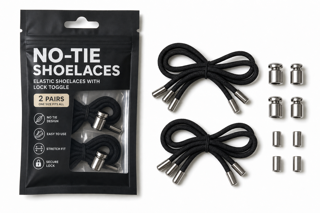 Set of black elastic no-tie shoelaces with silver metal toggle locks and packaging on white background
