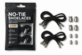 Set of black elastic no-tie shoelaces with silver metal toggle locks and packaging on white background