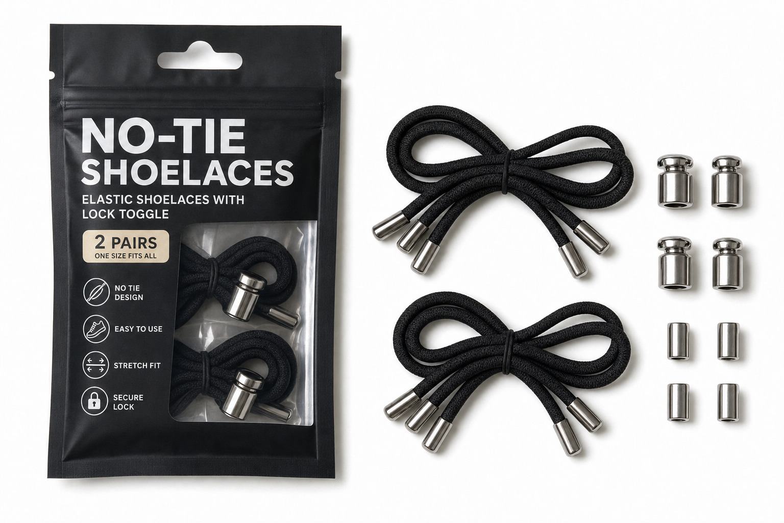 Set of black elastic no-tie shoelaces with silver metal toggle locks and packaging on white background