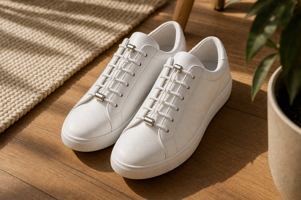 White sneakers with elastic no-tie shoelaces and silver toggles on wooden floor in natural light