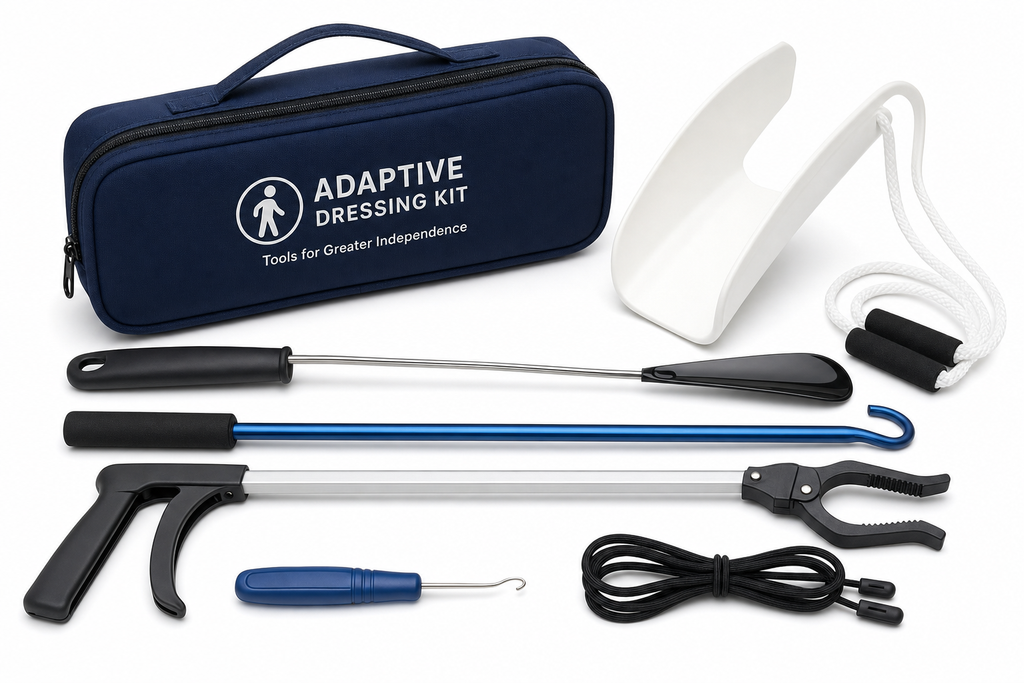 Complete adaptive dressing kit with sock aid, shoehorn, dressing stick, reacher, button hook, shoelaces and navy zippered case on white background