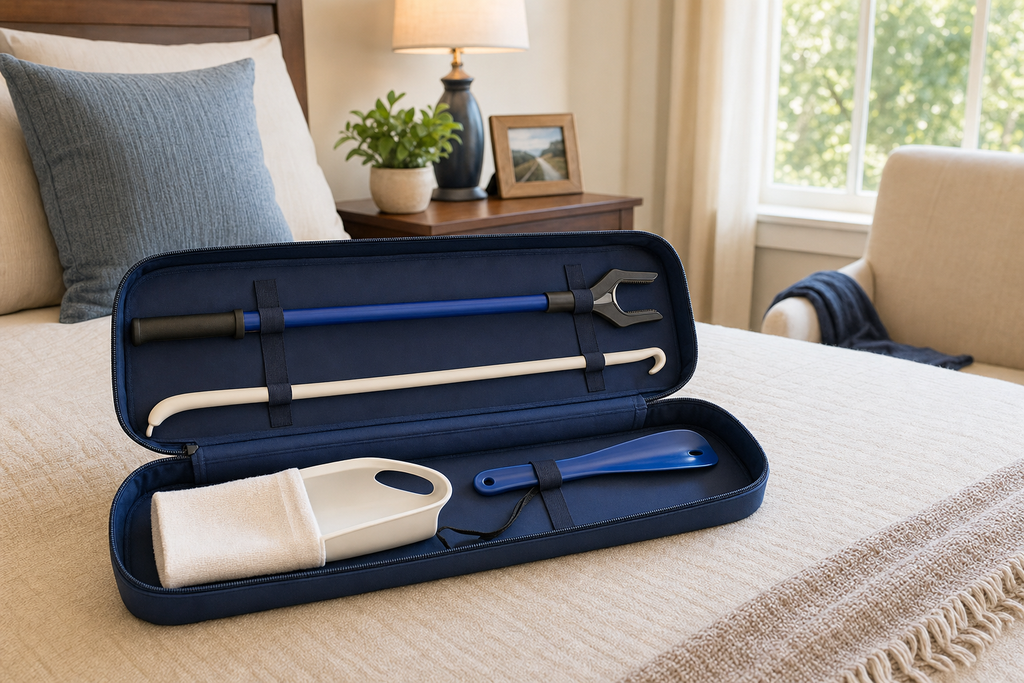 Open navy zippered dressing kit case showing organized adaptive tools on bed in bright bedroom