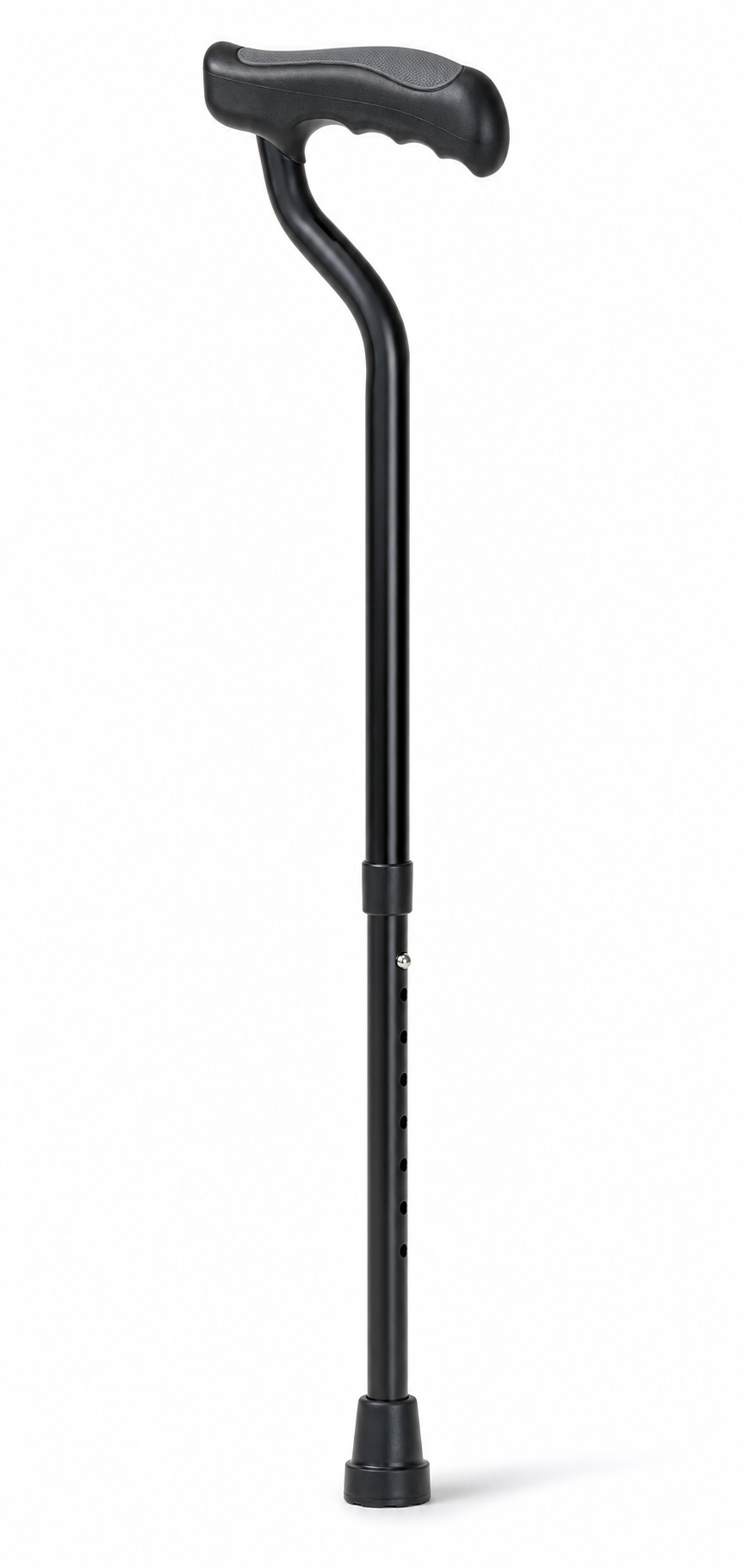 Adjustable black aluminum offset walking cane with gel grip handle and rubber tip on white background