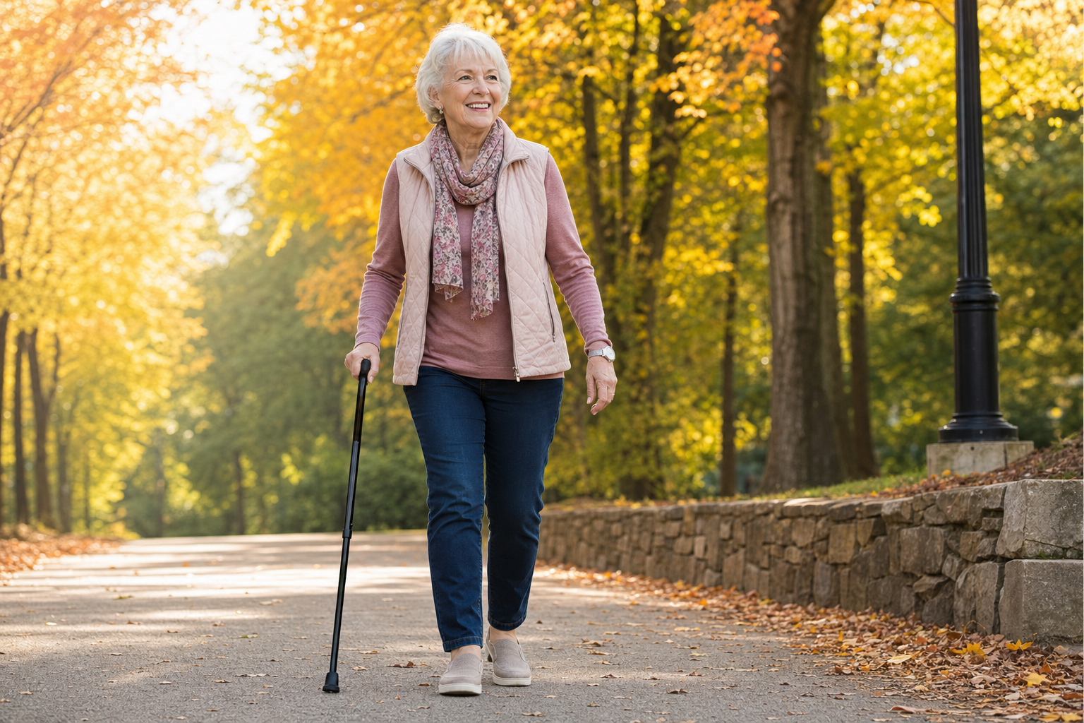 Active senior woman walking with black cane on autumn park path in golden light