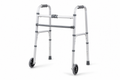 Folding aluminum 2-wheel walker with gray padded grips and rear glide tips on white background