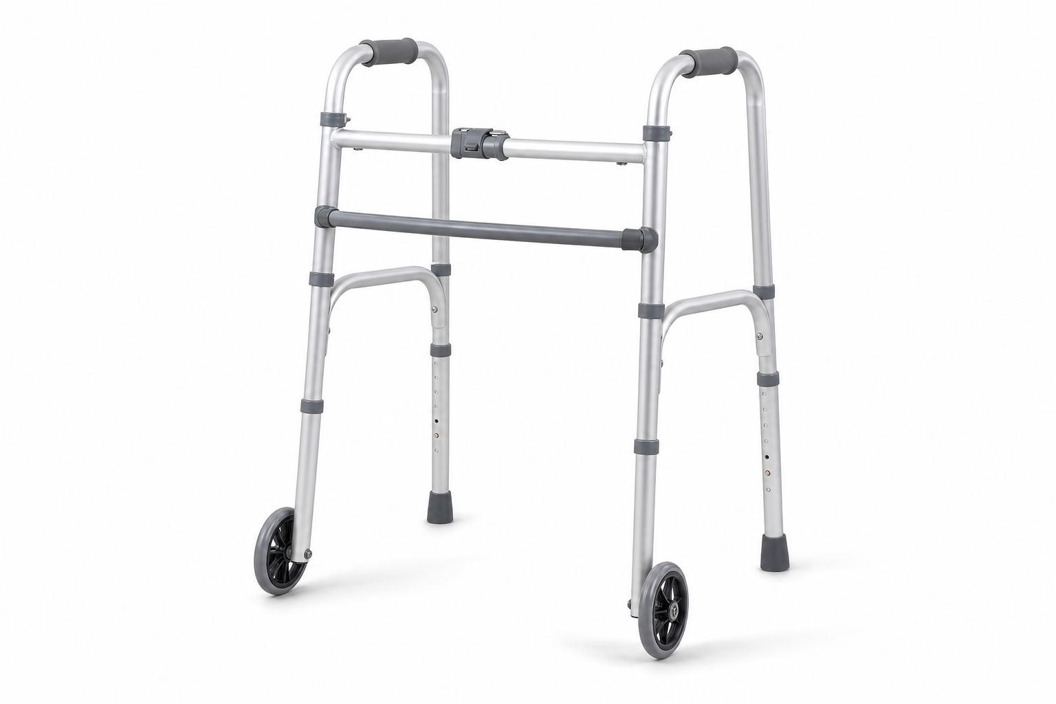 Folding aluminum 2-wheel walker with gray padded grips and rear glide tips on white background