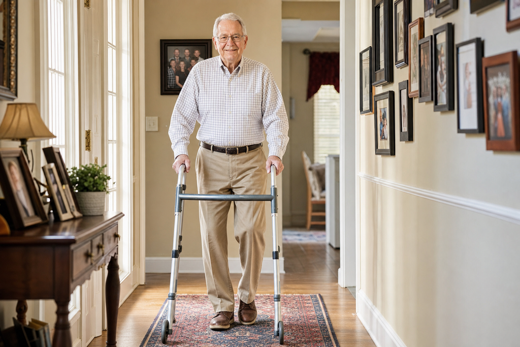 Senior man walking down sunlit hallway in his home with aluminum 2-wheel walker