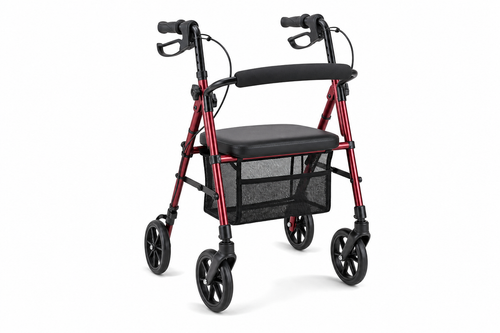 Red 4-wheel rollator walker with padded seat, hand brakes, and mesh storage basket on white background