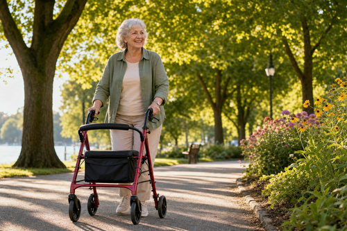 Active senior woman walking with red rollator down tree-lined park path with flowers
