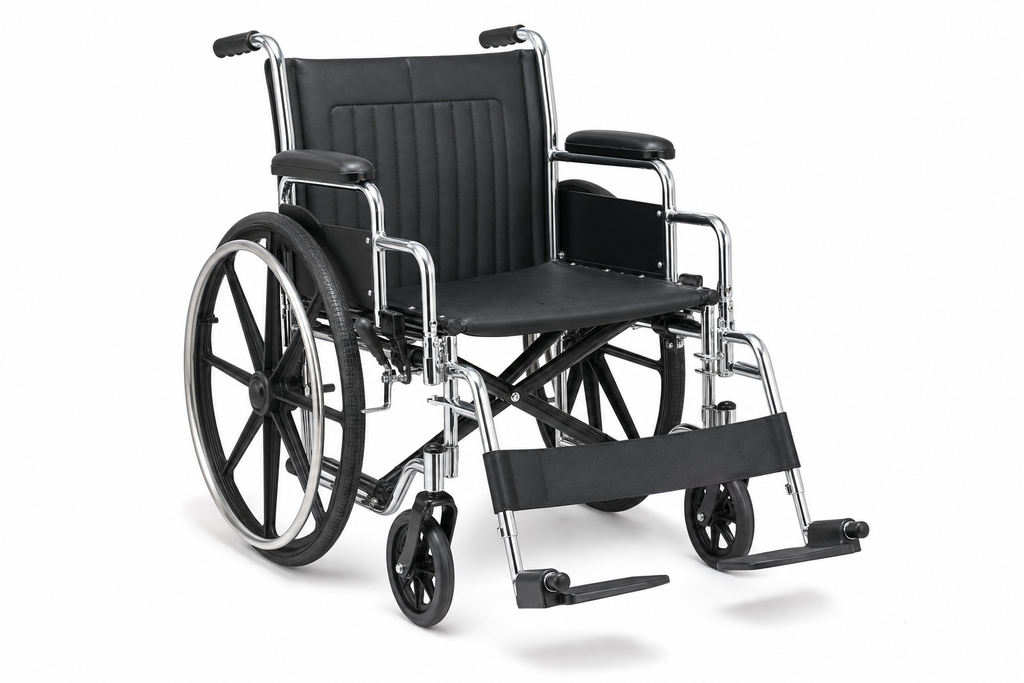 Folding manual wheelchair with chrome frame, black vinyl seat, large rear wheels and removable footrests on white background