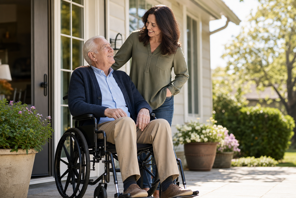 Senior man in wheelchair on sunny patio with daughter standing beside him smiling