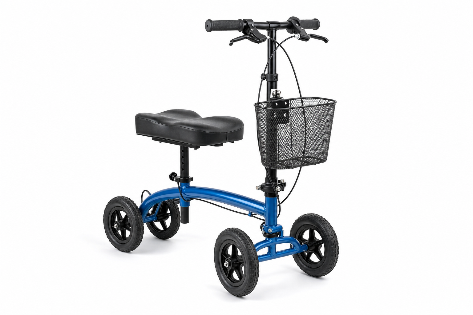 Blue steel knee scooter with padded knee rest, handlebars, hand brakes, and front basket on white background