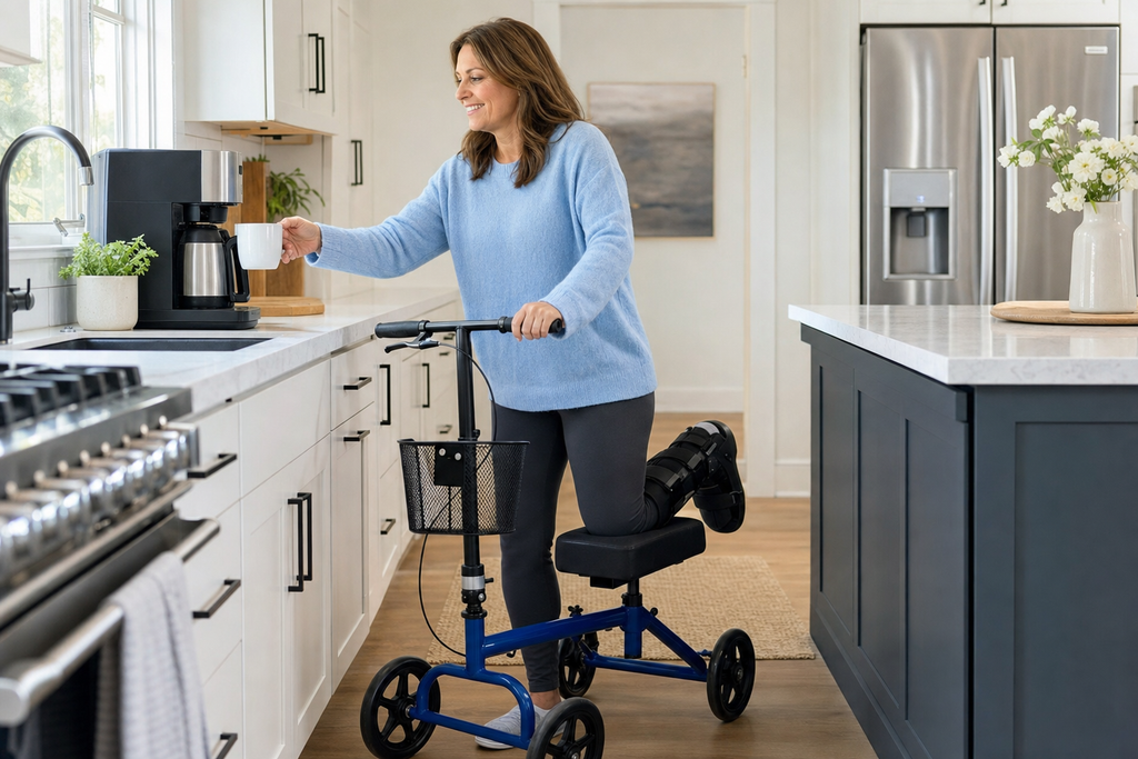 Woman with foot in orthopedic boot using blue knee scooter to get coffee in bright modern kitchen