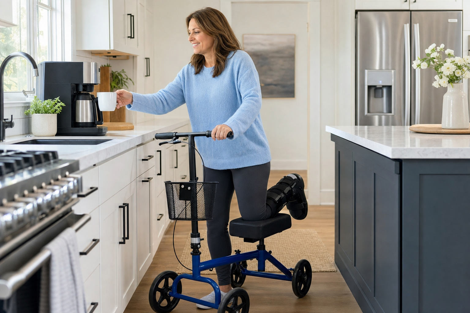 Woman with foot in orthopedic boot using blue knee scooter to get coffee in bright modern kitchen