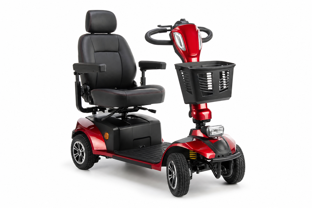 Compact red and black 4-wheel travel mobility scooter with high-back seat and front basket on white background