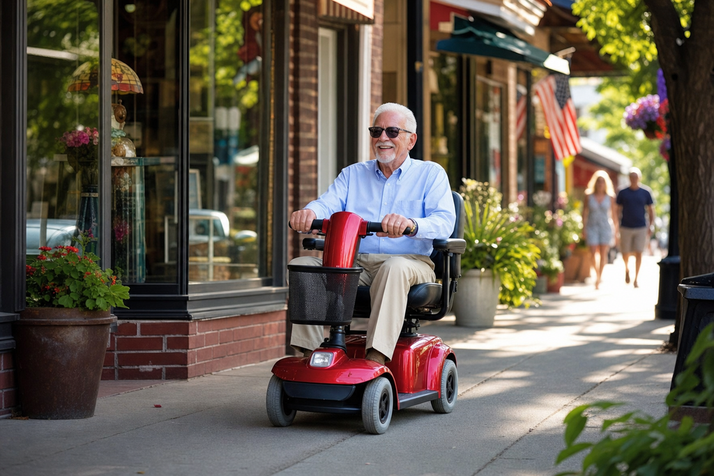 Senior man riding red mobility scooter down sunny downtown sidewalk with shops