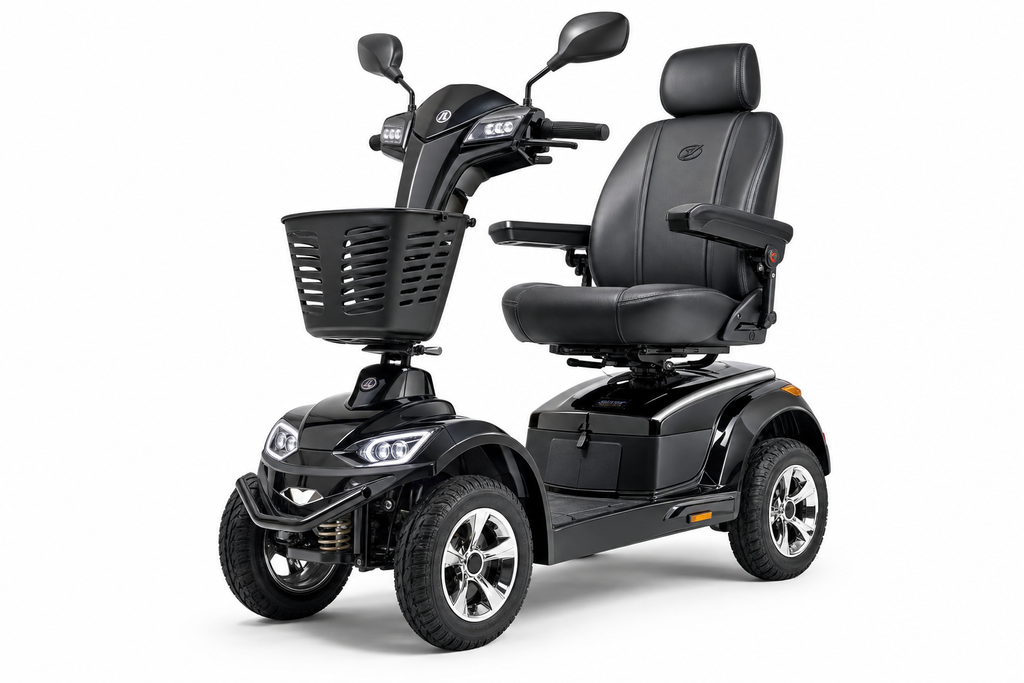 Premium black heavy-duty 4-wheel electric mobility scooter with captain's seat, LED lights, and chrome wheel hubs on white background