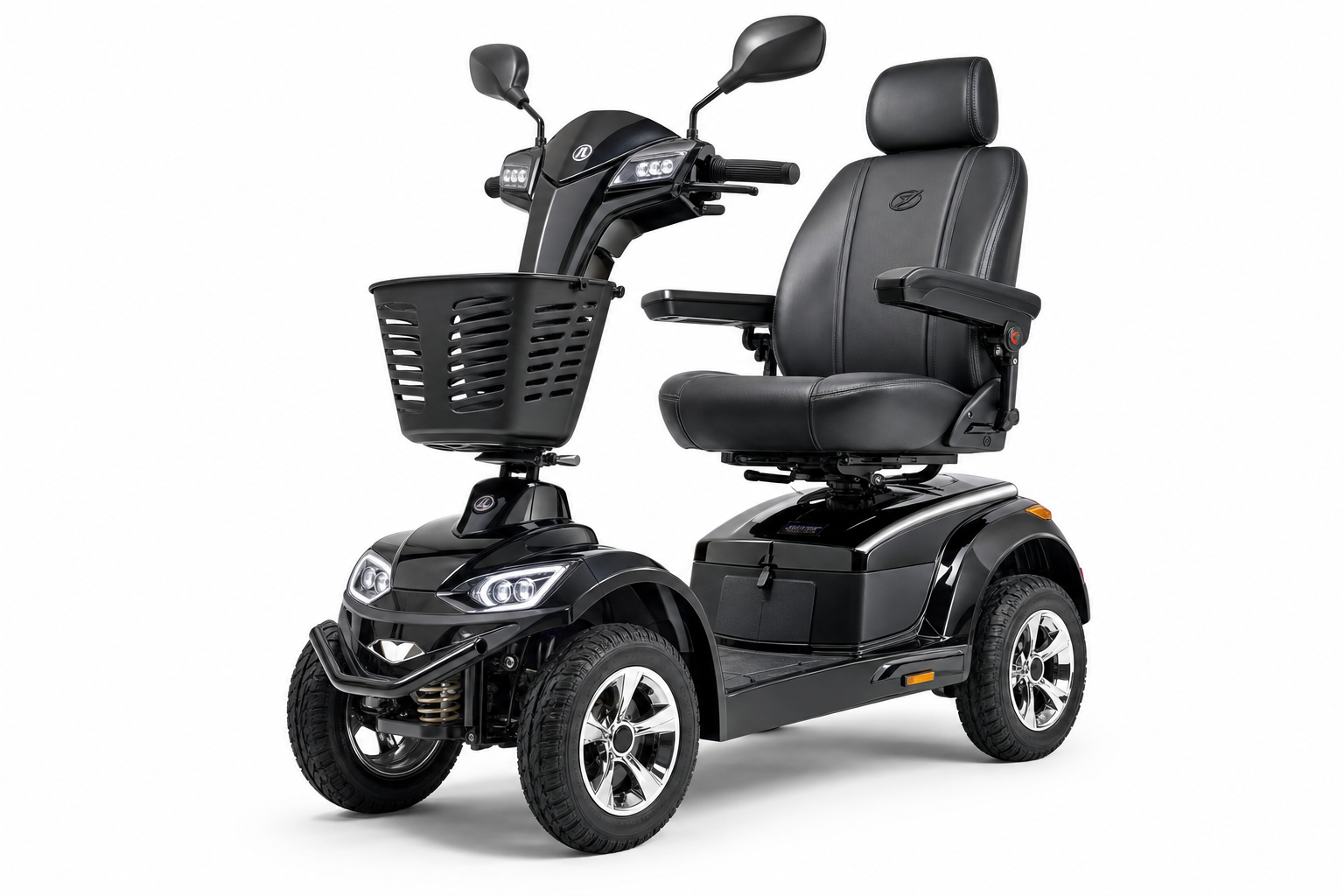Premium black heavy-duty 4-wheel electric mobility scooter with captain's seat, LED lights, and chrome wheel hubs on white background