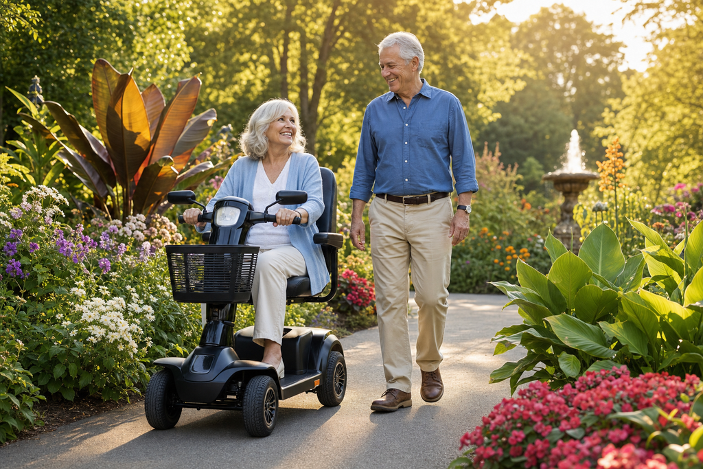 Senior couple exploring sunlit botanical garden with woman riding premium black mobility scooter